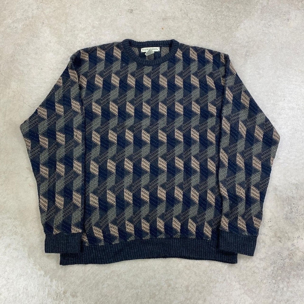 Vintage 90s Munsingwear Sweater Size XL Black Brown Geometric Knit Pullover Boho